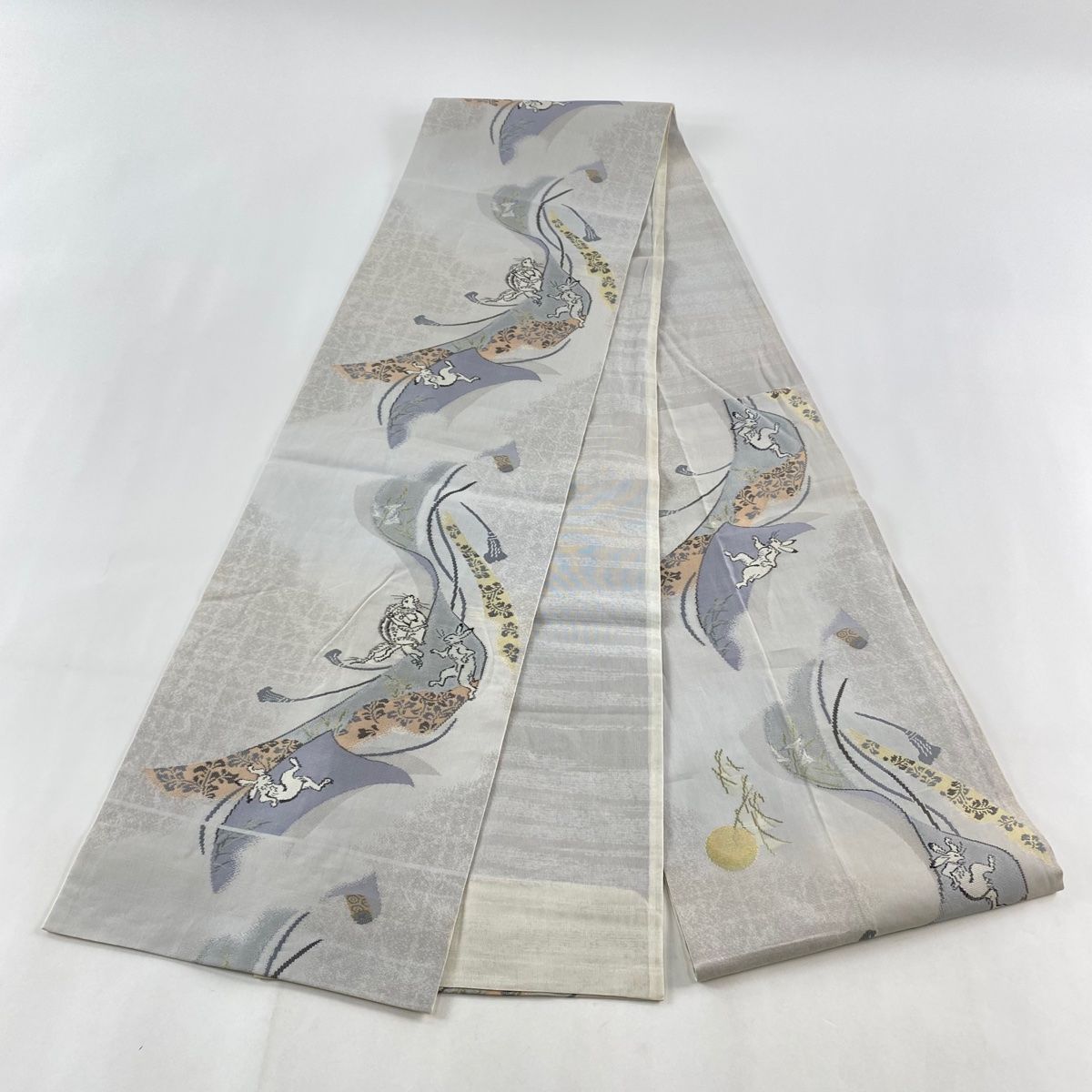 袋帯 美品 秀品 鳥獣戯画 金彩 青紫 六通 正絹 【中古】 袋帯 六通