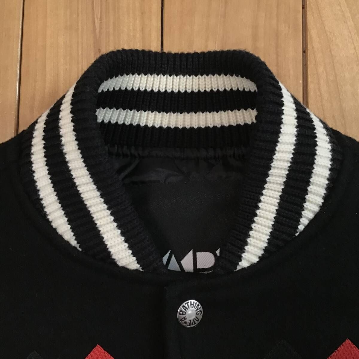 BAPE LOGO 袖レザー スタジャン Sサイズ ブラック a bathing ape 