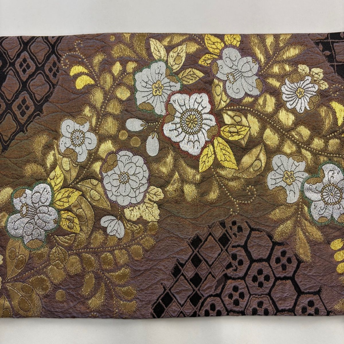 袋帯 美品 秀品 やまと 牡丹 金糸 箔 墨色 六通 正絹 【中古】