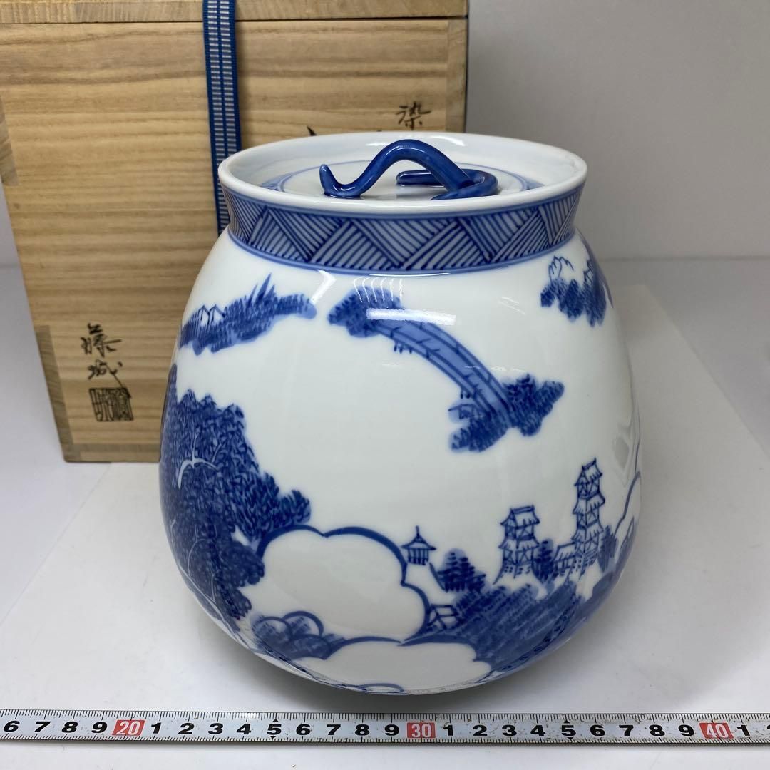 茶3 加藤藤城 染付 近江八景 水指 共箱 東さ6-0902