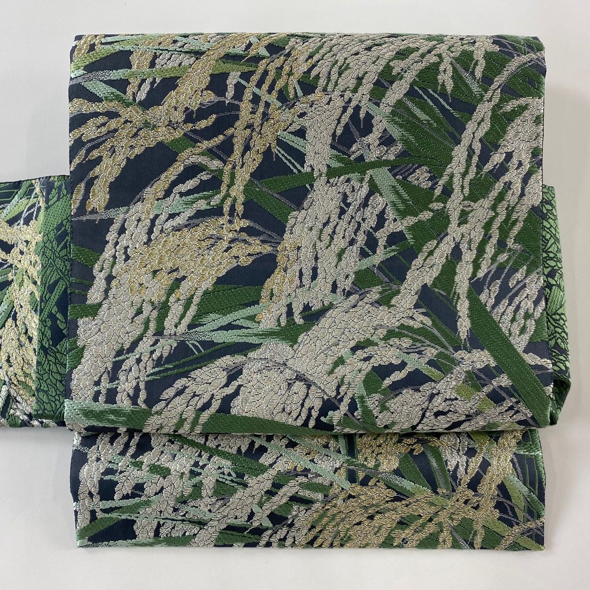 付け帯 秀品 作り帯 落款有 山口弘躬 天恵豊穣文 金銀糸 刺繍 青灰色 正絹