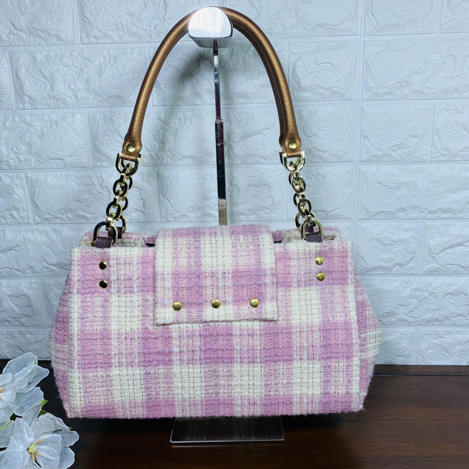 フタ付き　ピンク　トートハンドバッグ　ハンドメイド　ツィード-2