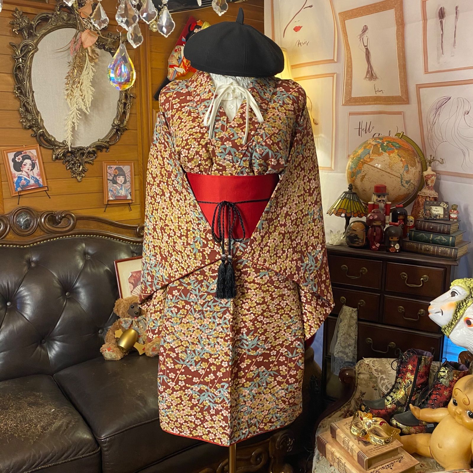 着物リメイク ミニミディ ワンピース｜洗える化繊素材＆帯サッシュ