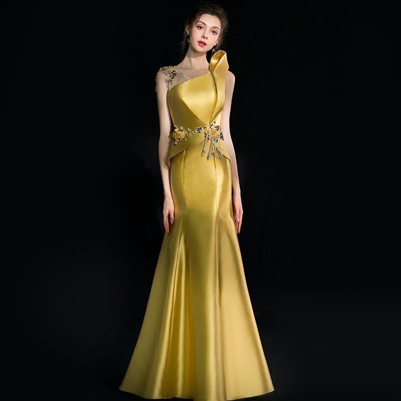 ドレス ロングドレス マーメイドドレス ゴールド イー 黄色 ノースリーブ ウェディングドレス ウエディングドレス 結婚式 二次会 花