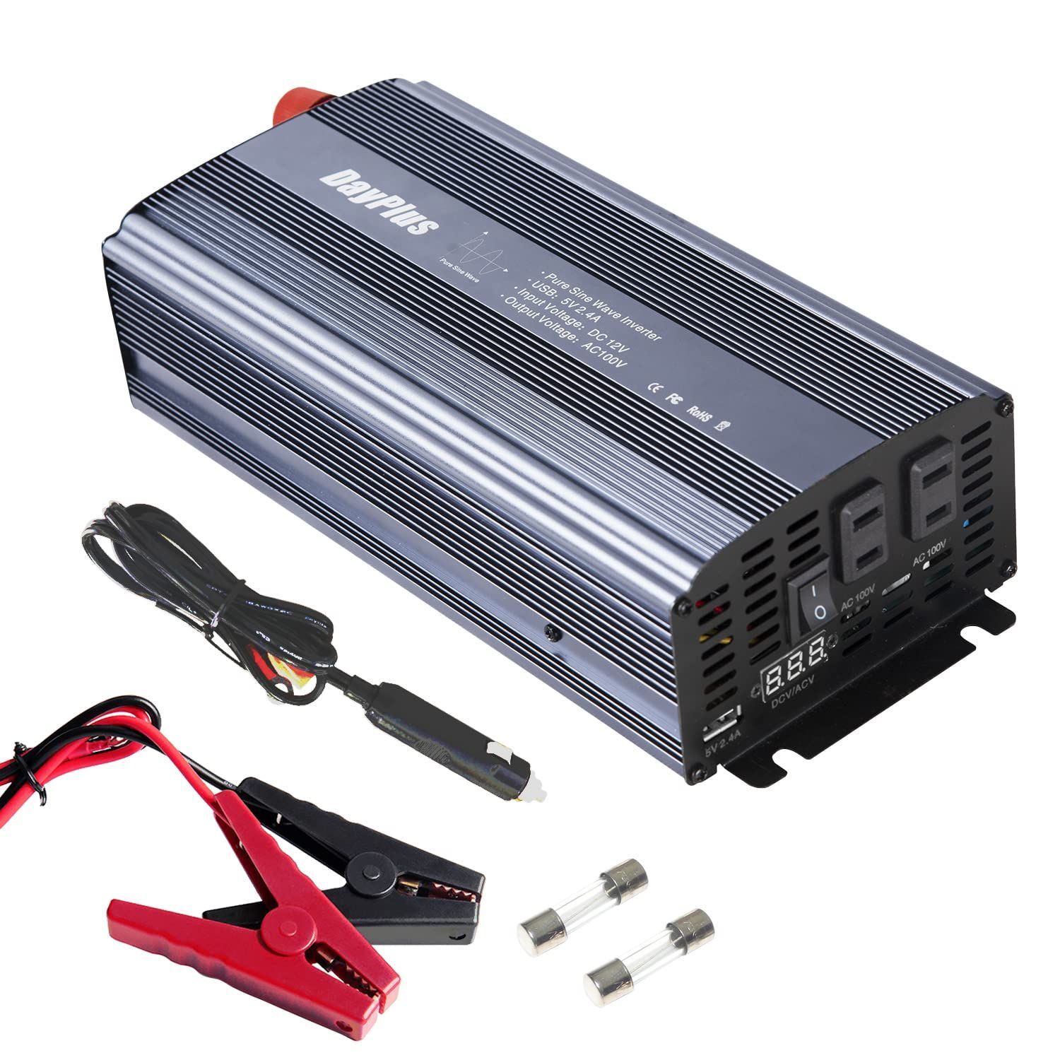 LCD液晶ディスプレイ コンバーター 車用 USBソケット 停電の対策 ACコンセント×2 DC12VをAC100に変換 2400W 便利グッズ 最大 インバーター コンパクト災害対策 1200W 12V 純正弦波 地震 防災用品 カーインバーター
