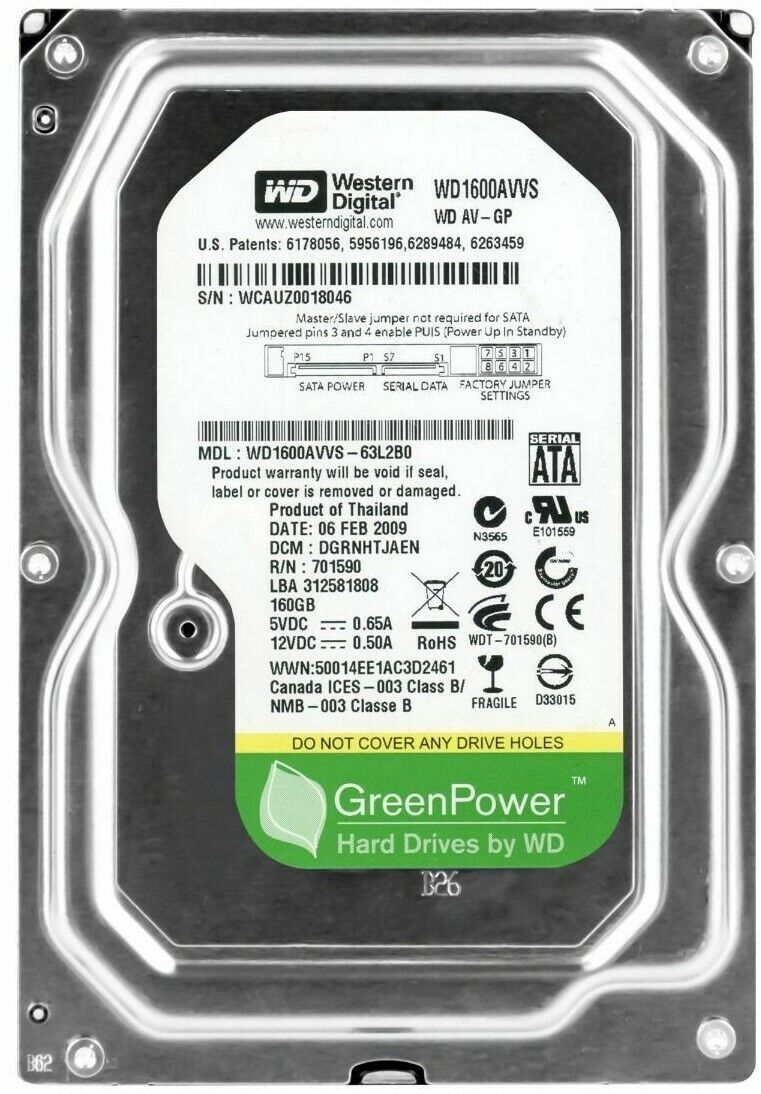 Hard Drive Western Digital GreenPower WD1600AVVS 160GB 5400RPM 8MB SATA II 3.5 Inch