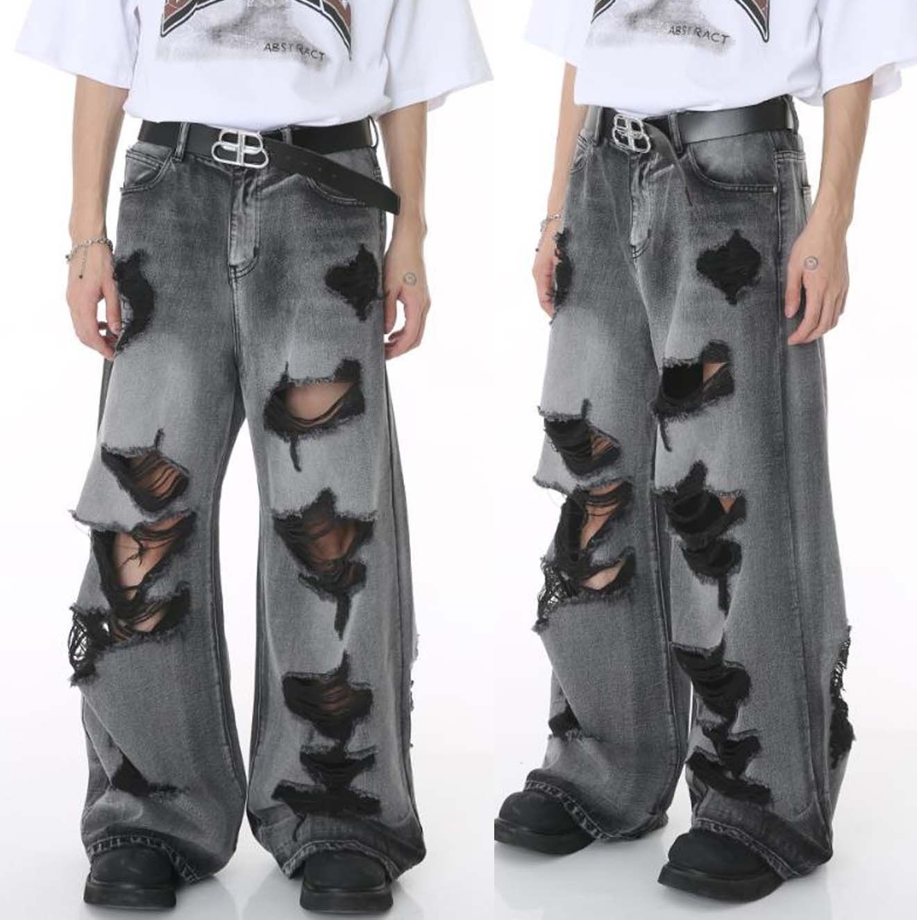 ストリートダメージ加工クラッシュワイドパンツGパンデニム メンズ クラッシュデニム ストリート ダメージ加工 ワイドパンツ