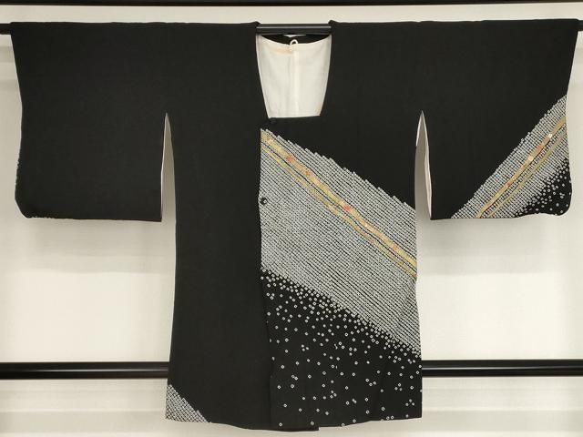 平和屋着物道行コート　総絞り　刺繍　草花間道　黒地　金彩　正絹　逸品　AAAN9563bw