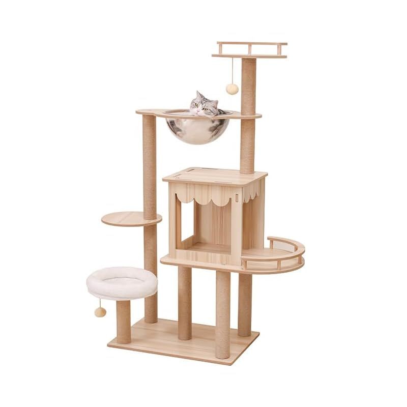 PETTIFUL キャットタワー 木製 据え置き おしゃれ シニア 大型猫 宇宙船 クリアボウル 大型 安定性高い どっしり インテリアに馴染み インテリア性高い 天然木目 大型猫