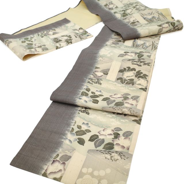 【期間限定出品/特別価格】京都 多ち花 摺型友禅 ちりめん 絹 九寸名古屋帯 中古】 名古屋帯 九寸 開き仕立て リサイクル 正絹 全通 京都 名門 多