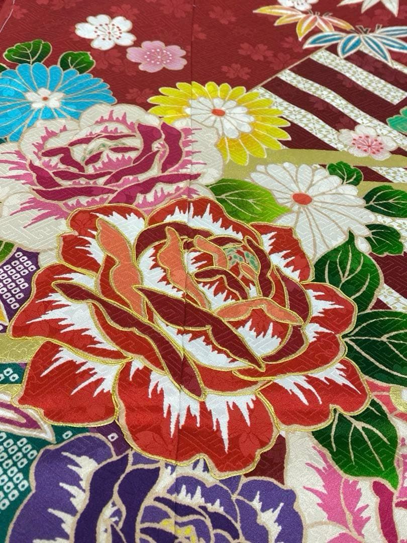 振袖 仮絵羽 金駒 金彩 紋意匠 薔薇 正絹 未仕立て品 八掛付き 【公式