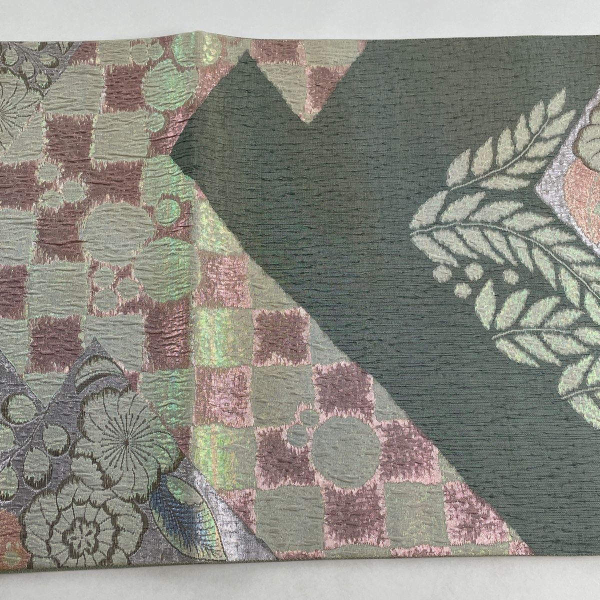 袋帯 美品 秀品 辻が花柄 箔 薄緑 六通 正絹 【中古
