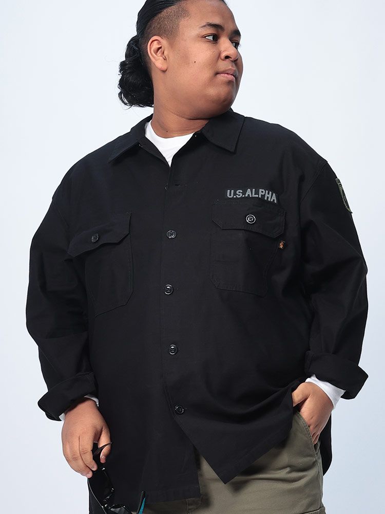 ALPHA INDUSTRIES INC アルファインダストリーズ 長袖 シャツ 大きいサイズ メンズ バックデザイン ポケット EMBROIDERY UTILITY SHIRT ミリタリー ブラック