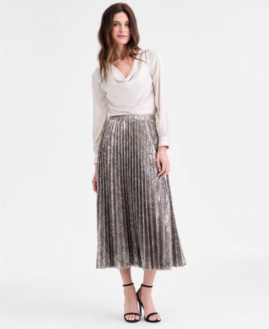 送料無料 アンクライン レディース スカート ボトムス Women s Pull-On Pleated Midi Skirt P|XXS-XXL Pewter Multi