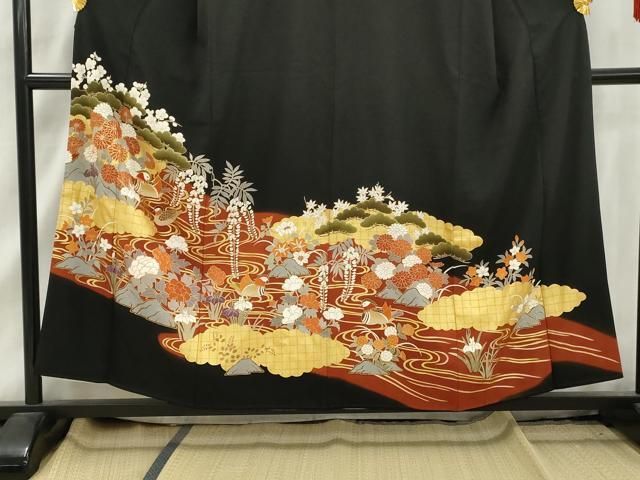 平和屋着物□豪華黒留袖 駒刺繍 流水鴛鴦花文 金彩 正絹 逸品