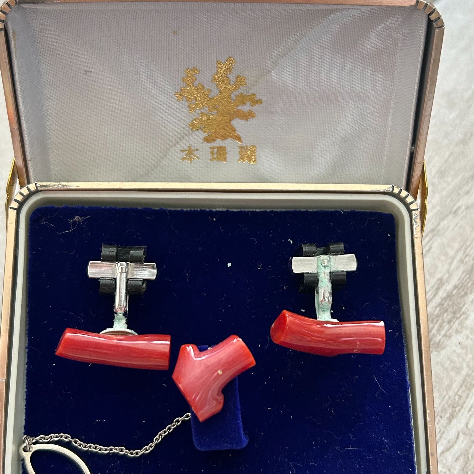 本珊瑚 血赤珊瑚 桃色サンゴ カフスボタン ネクタイピン ヴィンテージ