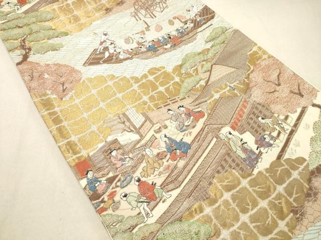 開き名古屋帯　名古屋帯　正絹　金糸　銀糸　扇　人物　平安時代　着物　074tz 開き名古屋帯 名古屋帯 正絹 金糸 銀糸 扇 人物 平安時代 着物 074tz