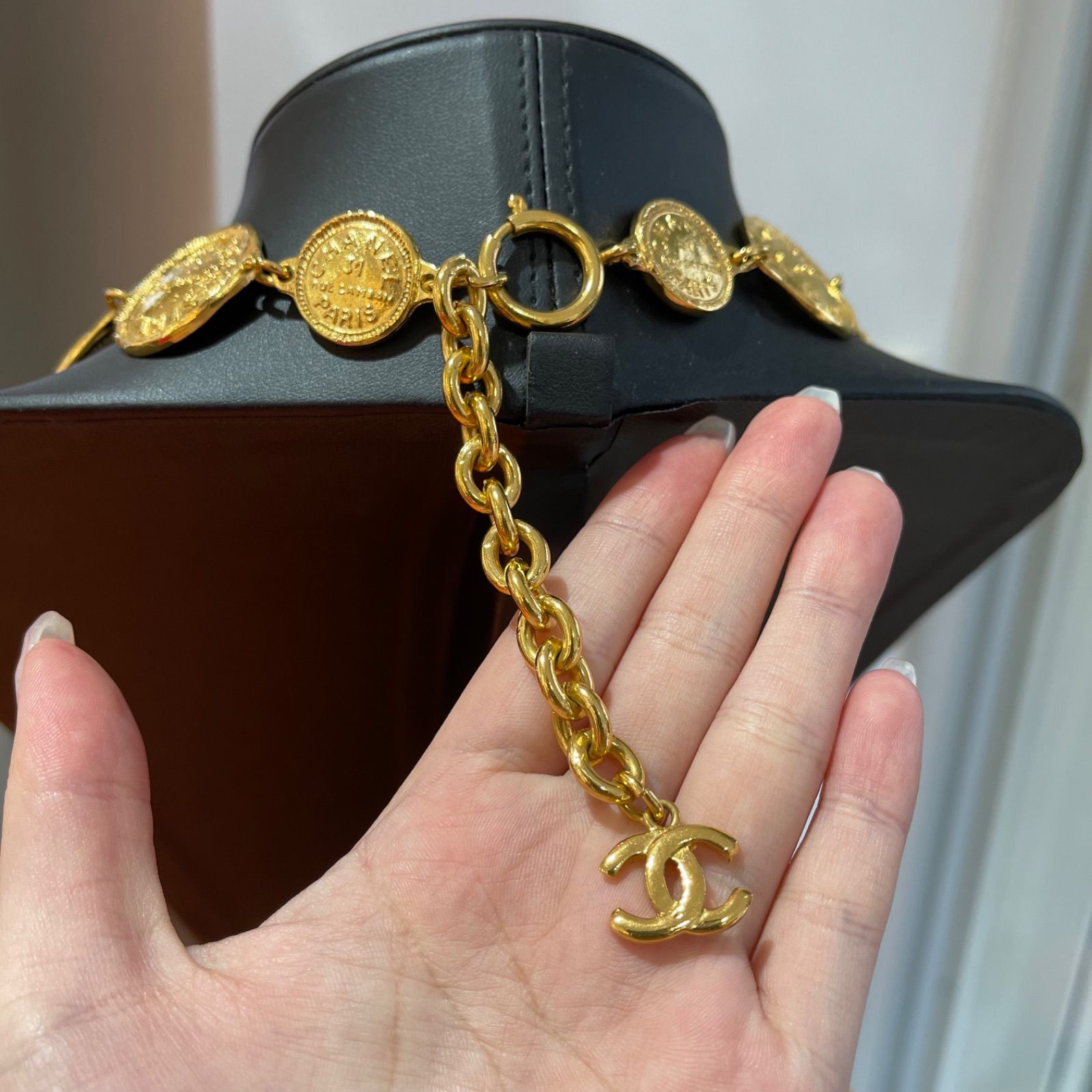 極美品】CHANEL シャネル カンボンロゴ コインモチーフ ネックレス 
