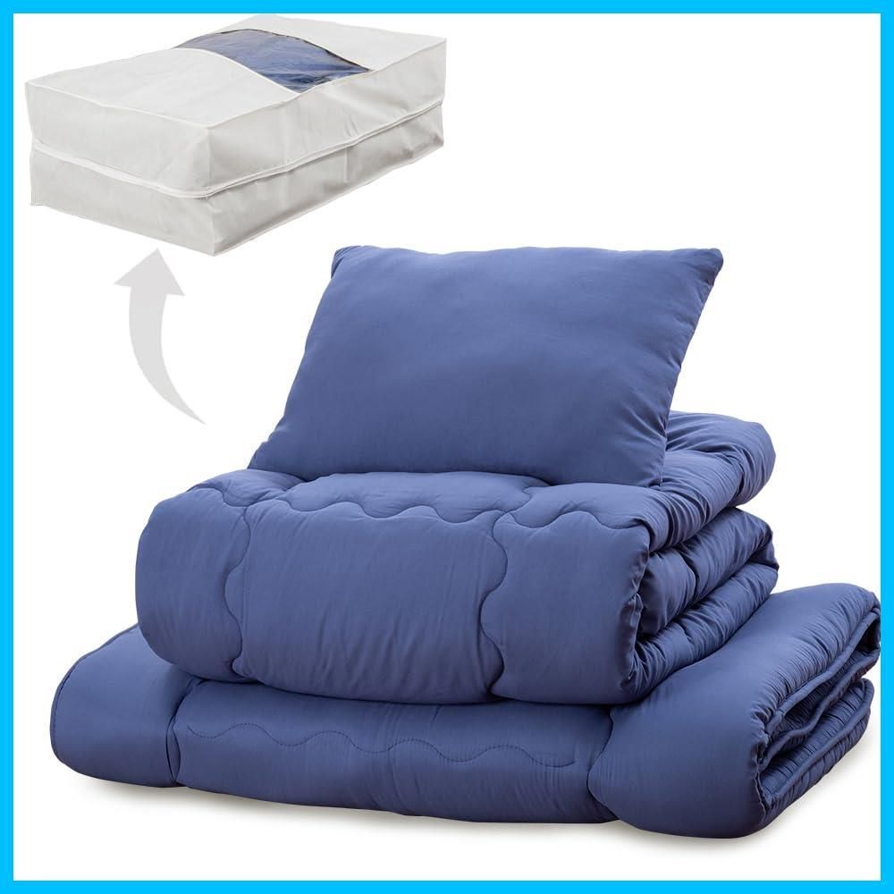 数量 すっきり収納ケース付き しっとりなめらかピーチスキン加工 抗菌防臭 掛け布団 シングル 敷布団 すぐ使える-洗える布団4点セット 枕 アイリスプラザ ネイビー