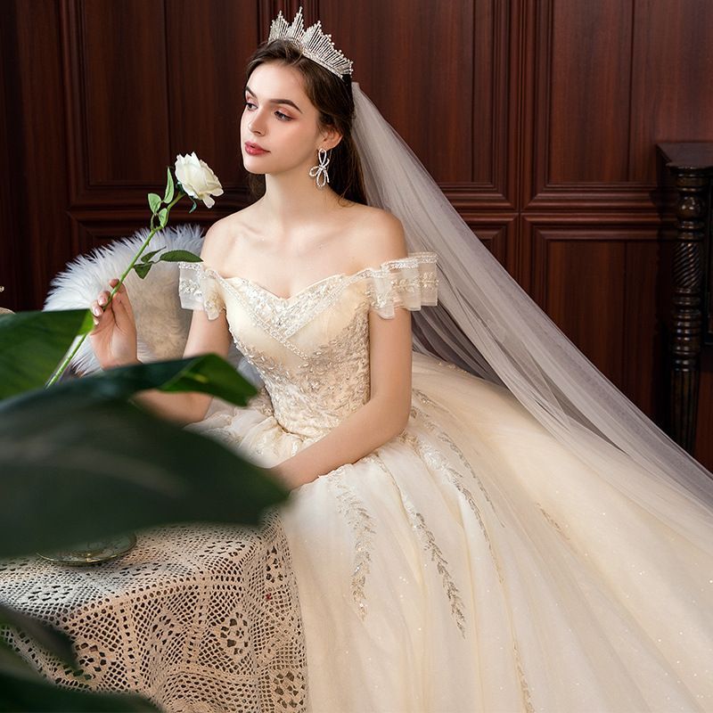 一字肩 ロングトレーン ウエディングドレス 主婚 法式 新娘 梦幻 シンプル 修身 夏季 婚 今週注目 ZZ520 MAAHADDERANG_COM