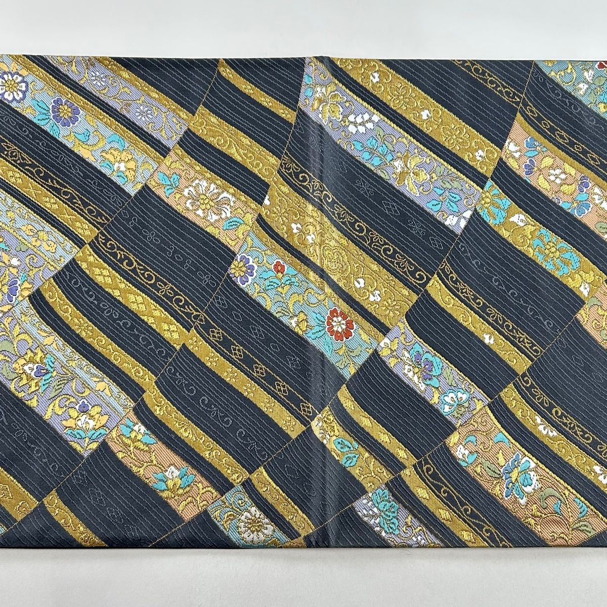 袋帯 美品 秀品 花唐草 鳥 金糸 箔 灰色 六通 正絹 【中古