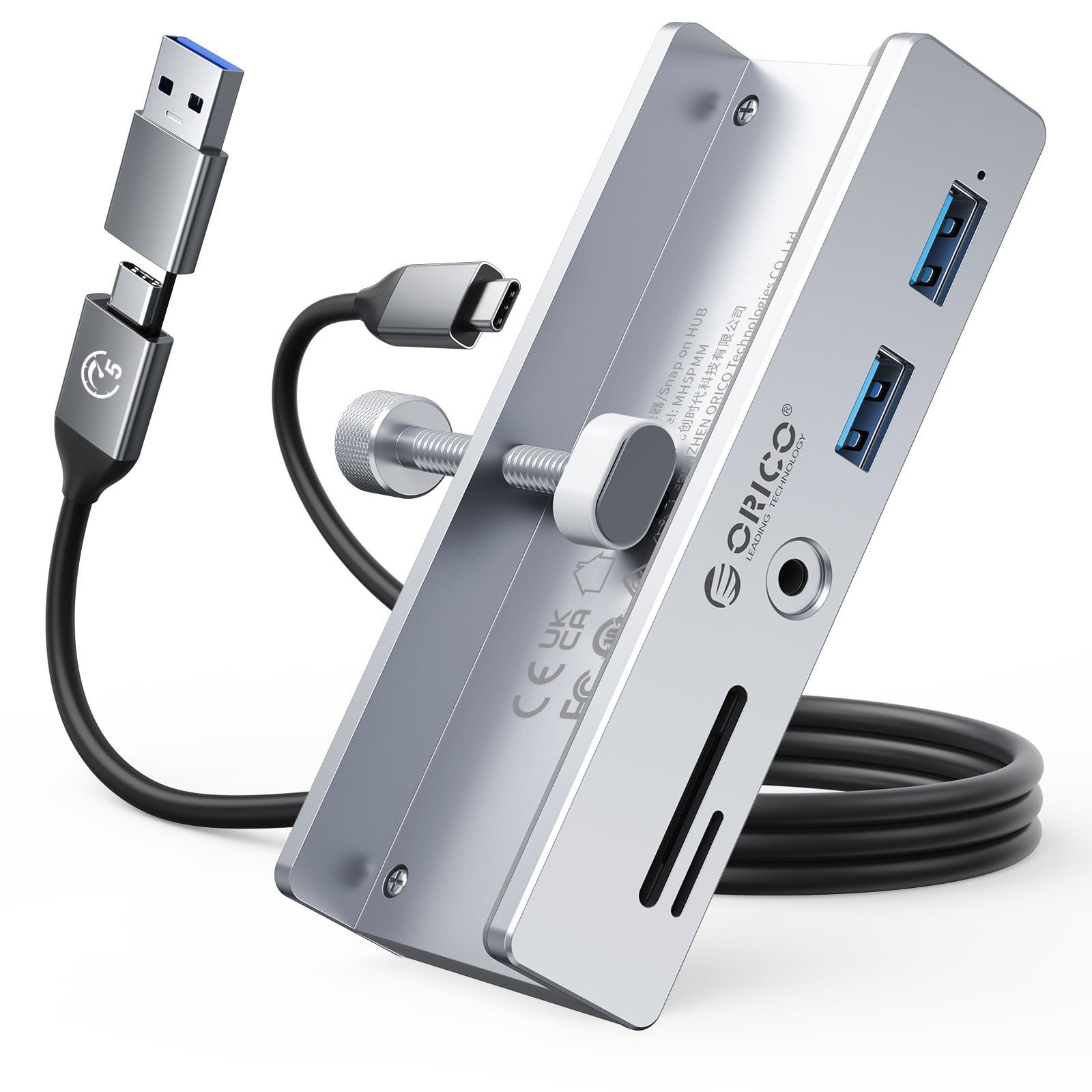 新品 ORICO USB-Cハブ クランプ式 5ポート（TF/SDカードリーダー、USB-A&times;2、3.5mmオーディオ） 5Gbps高速転送 USB-C 給電ポート付き（5V） バスパワー/セルフパワー対応 1mケーブル付 アルミ pc周辺機器 Windows