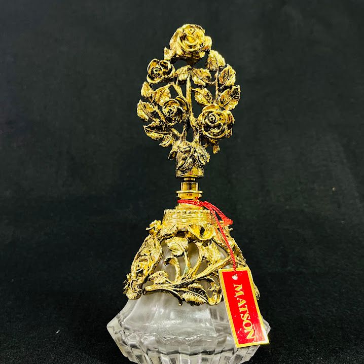 【中古】MATSON 真鍮 金メッキガラス 香水瓶 バラモチーフ 錆あり 底モノグラム柄 円錐ボトル