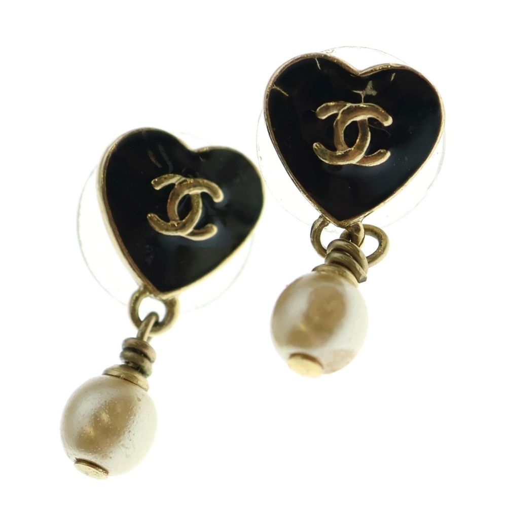 CHANEL シャネル ハートパールピアス イヤーアクセサリー ブラック ゴールド金具 GP 04A
