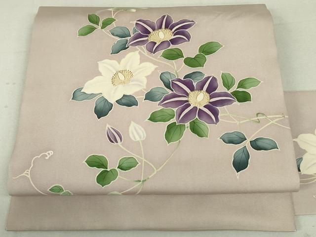 平和屋着物○塩瀬 九寸名古屋帯 手描き 草花文 正絹 逸品 DAAT7694ob