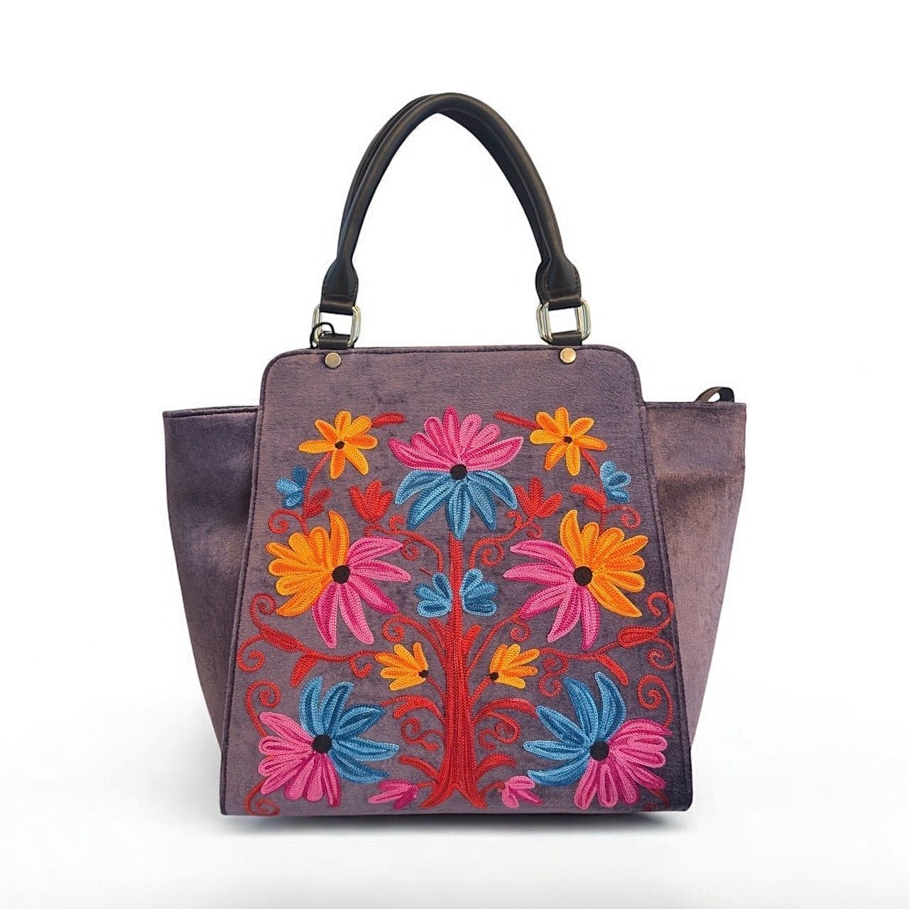 ハンドバッグ 牛革 シルク刺繍 カシミール伝統工芸 ベルベット調 花柄 トートバッグ 大容量 カラフルデザイン レディース 本革 刺しゅう ハンドメイド ボタニカル アートバッグ 個性派 エスニック風 上品 おしゃれ