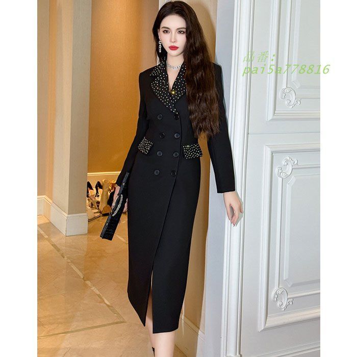 大きめビジュー付き襟 トレンチコート風長袖ミモレ丈ワンピース