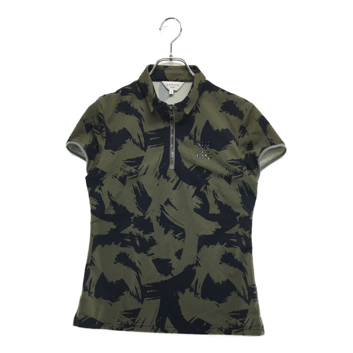 レディース ランバンスポール LANVIN SPORT 半袖シャツ 38 M カーキ×黒 ハーフジップ 総柄