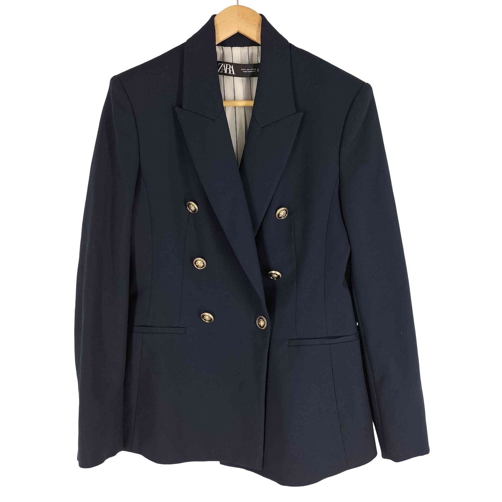 ザラ ZARA 裏地ストライプ ダブルブレスト 紺ブレ金ボタン ジャケット 