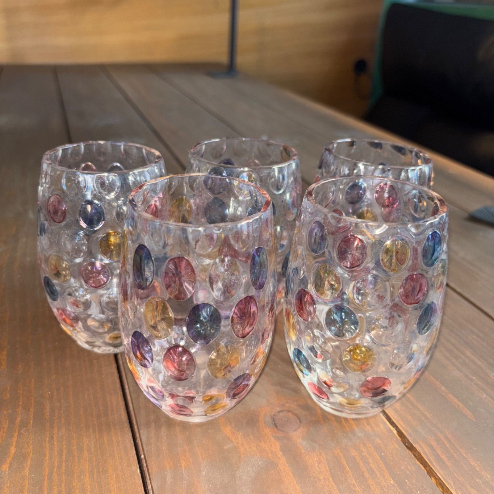 チェコスロバキア 水玉　ガラス　グラス　6客 未使用　 ボヘミアグラス グラス 5個セット カラフル ドット柄 食器 ガラス工芸
