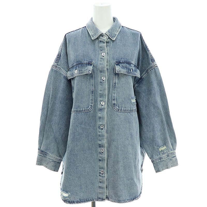【美品】LOUNGE DRESS ダメージデニムシャツ ブルー Loungedress ブラウス シャツ ダメージデニムシャツ レディース