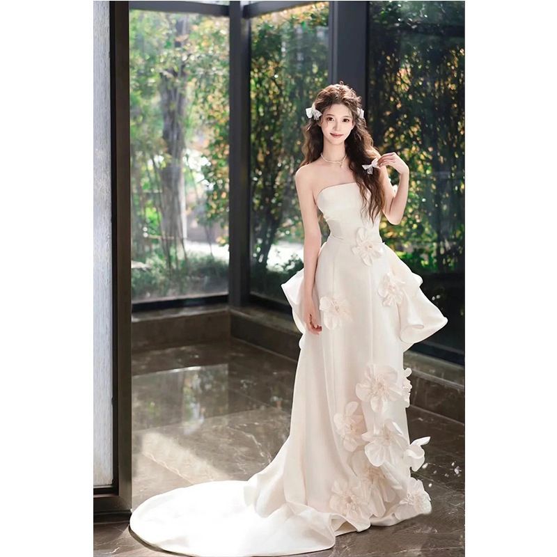 ウエディングドレス トレーンドレス 前ミニ ベアトップ Aライン ブライダル フラワーブラ 2点セット ロングドレス 新作 ウエディングドレス トレーンドレス 前ミニ オフショルダー エンパイア