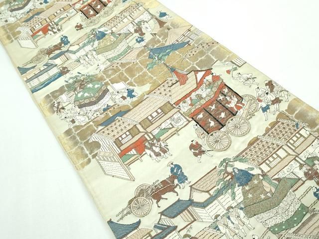 ZY-587 袋帯 祇園祭 鉾 人物文 金糸 六通 正絹 高級 逸品 平和屋着物◎六通柄袋帯 祇園祭 人物風景文 金糸 正絹 逸品