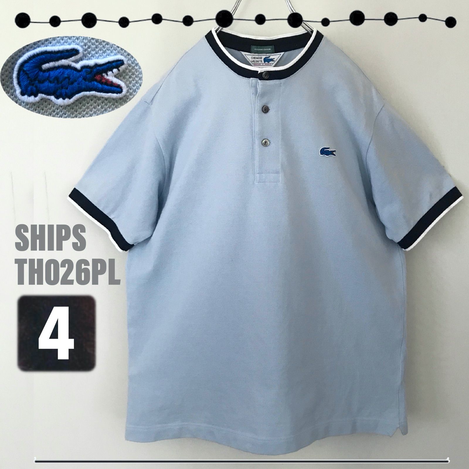 LACOSTE デカワニ/パイルロゴワッペン 鹿の子ポロシャツ 4 グレー ラコステ 胸ワニ刺繍ロゴ ラインボーダー 鹿の子ポロシャツ