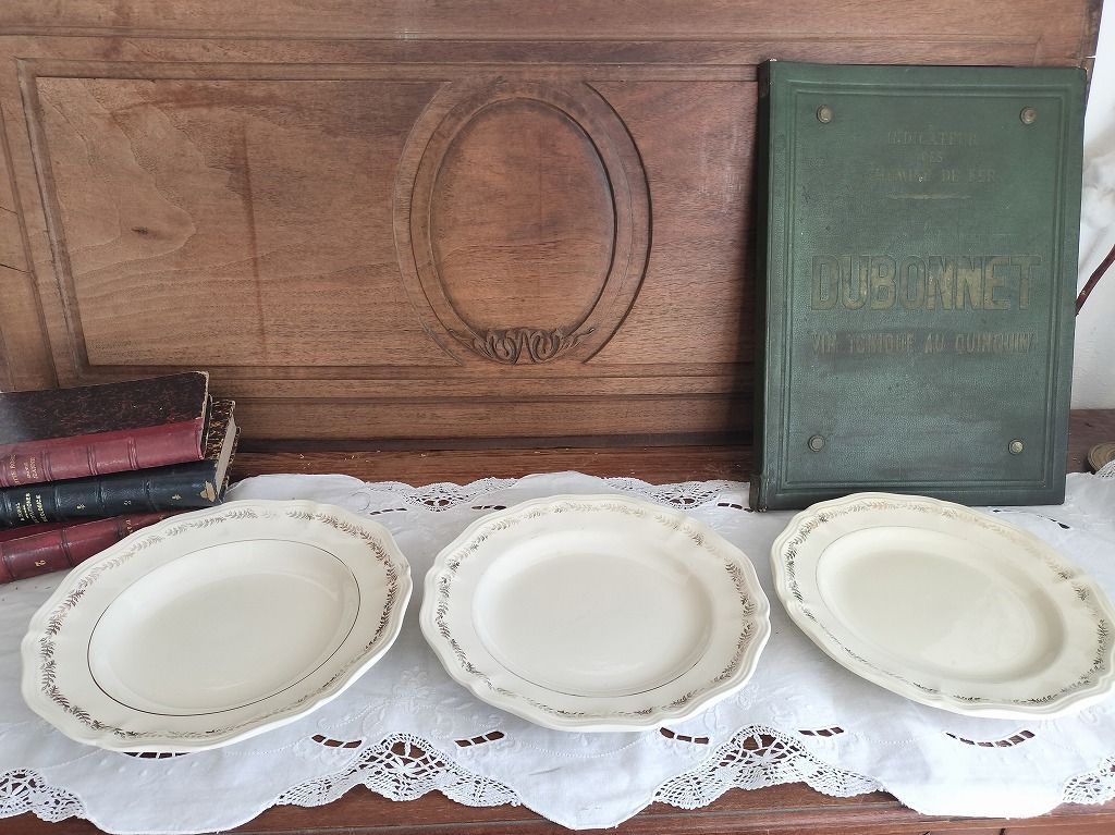 アンティーク サルグミンヌ 花柄φ24.3㌢ディープ大皿 美しい深皿３枚セットα フランス アンティーク 絵つき 花リム 皿 3枚セット サルグミンヌ