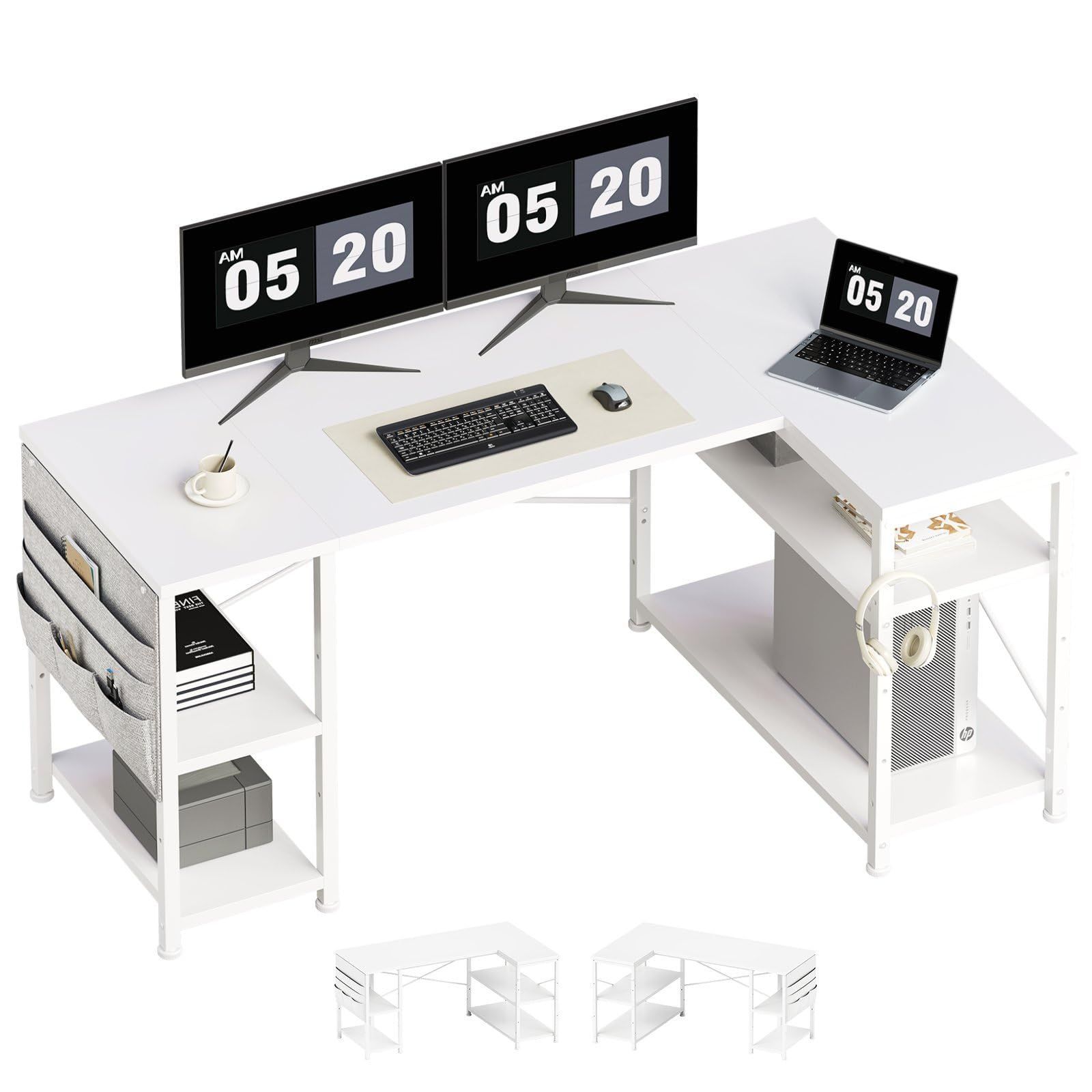 収納袋付き 左右入替可棚板高さ調節 オフィスデスク ゲーミングデスク 机pcデスク幅130cm l字デスク ワークデスク白い 学習机ク パソコンデスク勉強机 YeTom