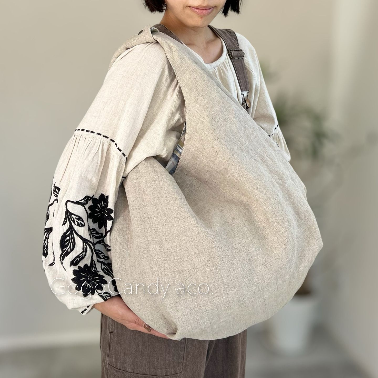 ◆手作りバッグ◆クタッとバッグ Short リネン×チェック ハンドルカバー付き