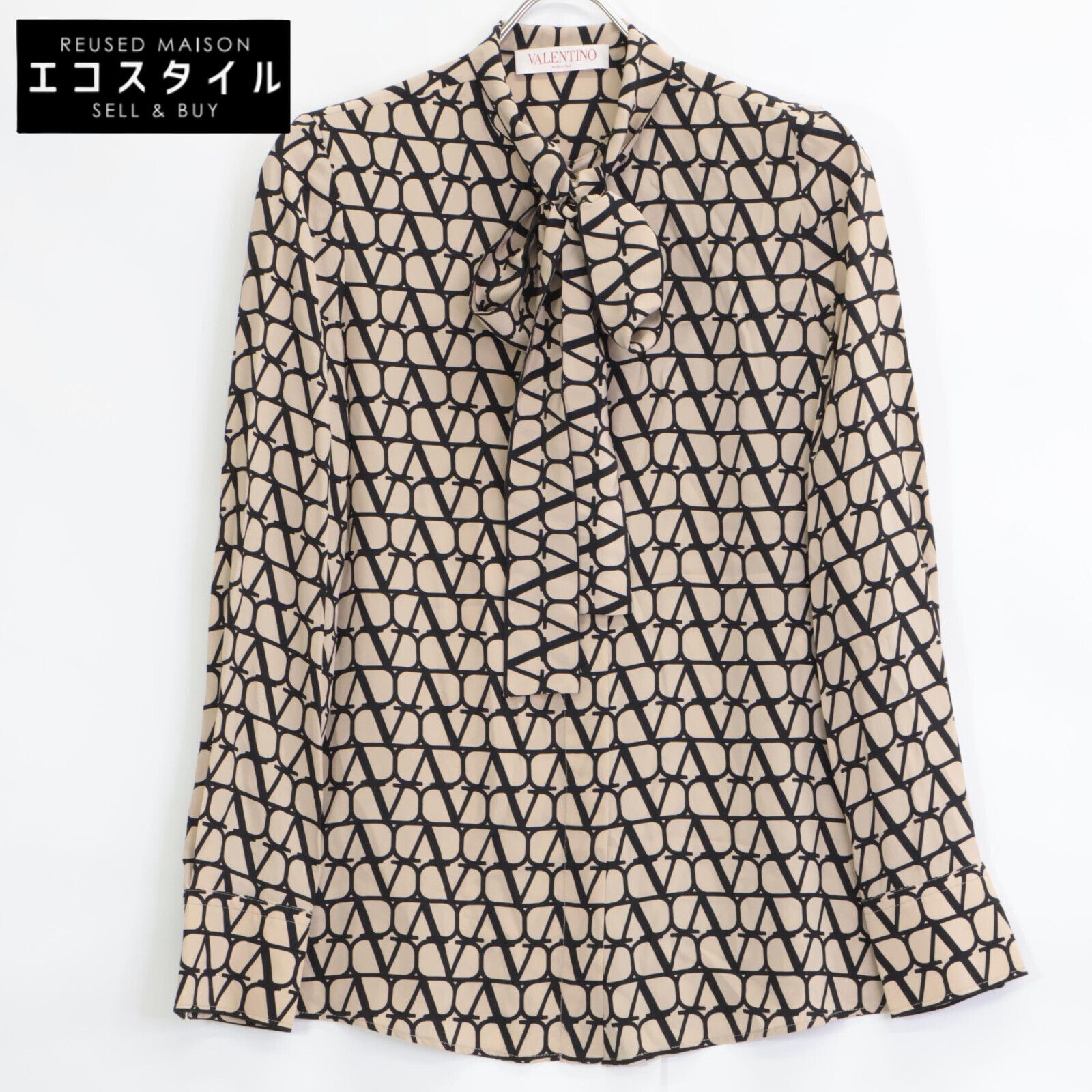 VALENTINO ヴァレンティノ 2B0AB4J27SL ﾍﾞｰｼﾞｭ×ﾌﾞﾗｯｸ ｼﾙｸ100 ﾛｺﾞ総柄 ﾎﾞｳﾀｲ比翼ｼｬﾂ 38