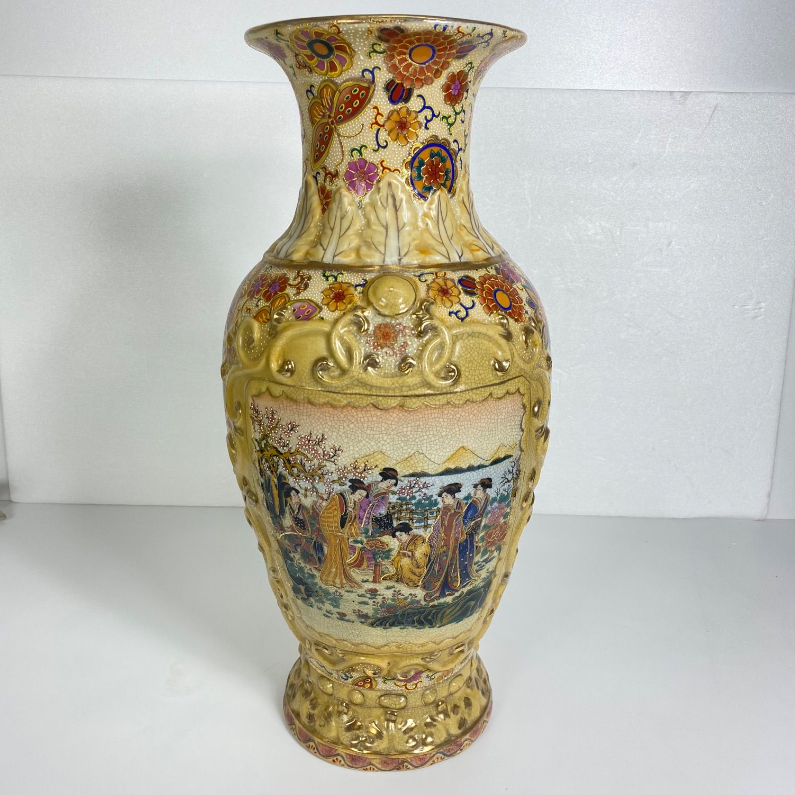 薩摩焼 花鳥風月図 金彩絵付 壺 花瓶 高さ約45cm 飾壺 骨董 和風