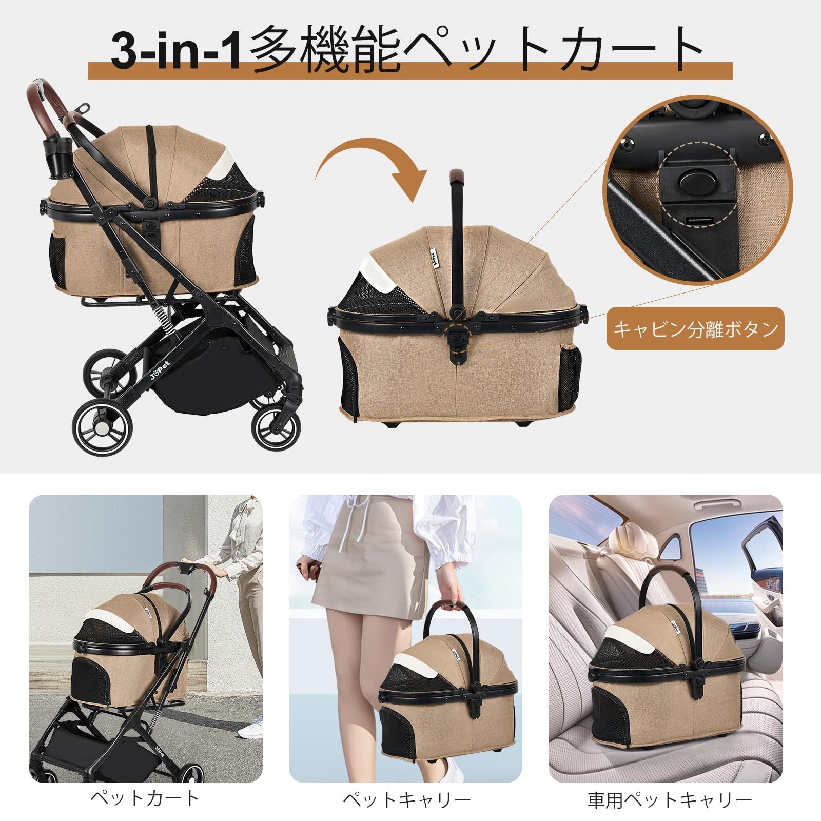 JoPet ペットベビーカー 小型犬 中型犬用 アルミ合金フレーム 犬用ベビーカー 猫用ベビーカー 折りたたみ式カート キャリー 片手自動折りたたみ クイックリリースホイール PUホイール アイアングレー