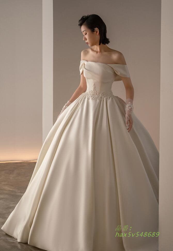 ウェディングドレス ホワイトドレス サテン オフショルダー 花嫁ドレス ロングドレス プリンセスドレス Aライン ドレス 刺繍 挙式 エレ結婚式ドレス hax5v548689