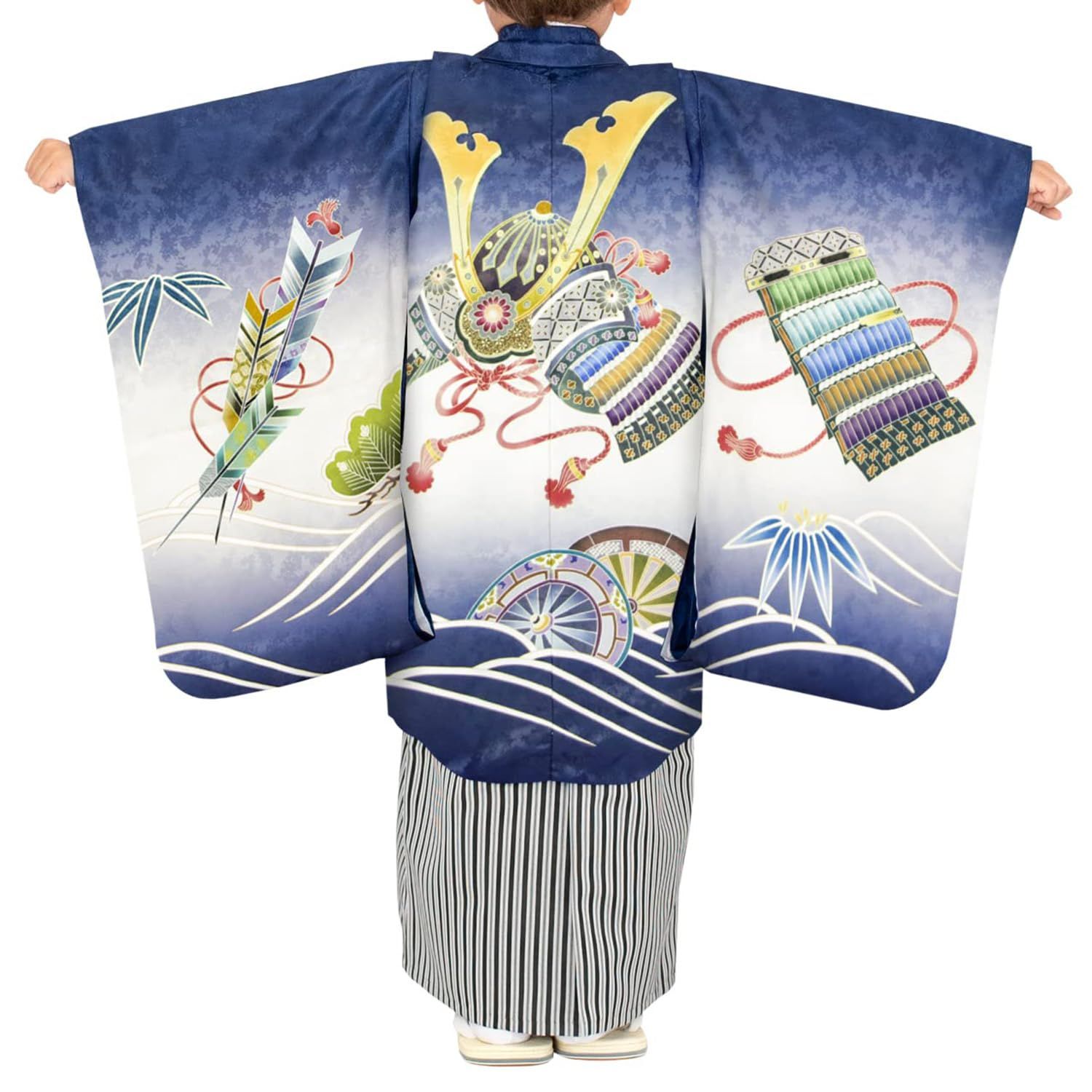 KYOETSU キョウエツ 七五三 男の子 5歳 着物 袴 セット 絵羽 8-紺-兜 黒縞