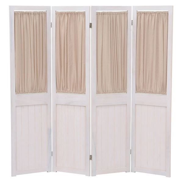 パーテーション 衝立 4連 約幅40cm アンティークホワイト 木製 桐材 取り外し式カーテン付き 完成品 リビング ダイニング 代引不可
