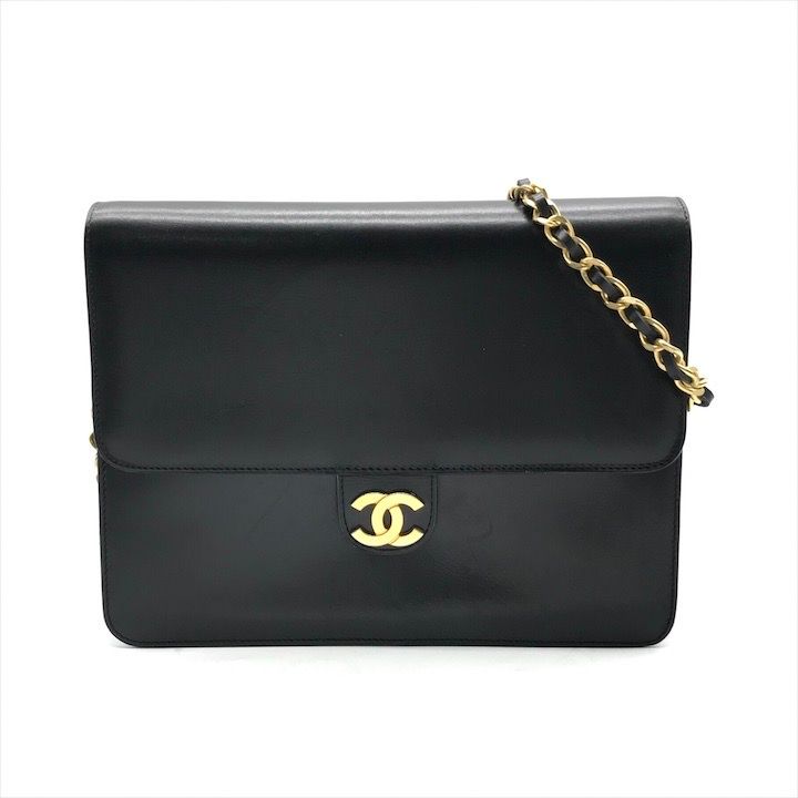 CHANEL シャネル ココマーク プッシュロック カーフスキン チェーン ショルダー バッグ カバン 鞄 ブラック a7865