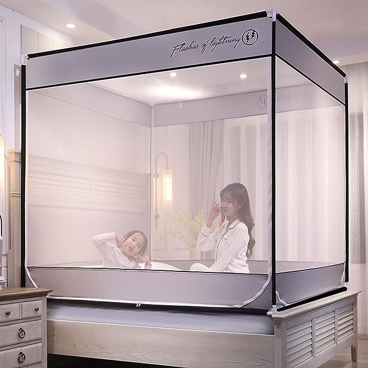 xinxin-home 蚊帳 折りたたみ式 モスキートネット テント式 キャンプ式 レース ベッド 大人 子供兼用 グレー 幅180x奥行200cm