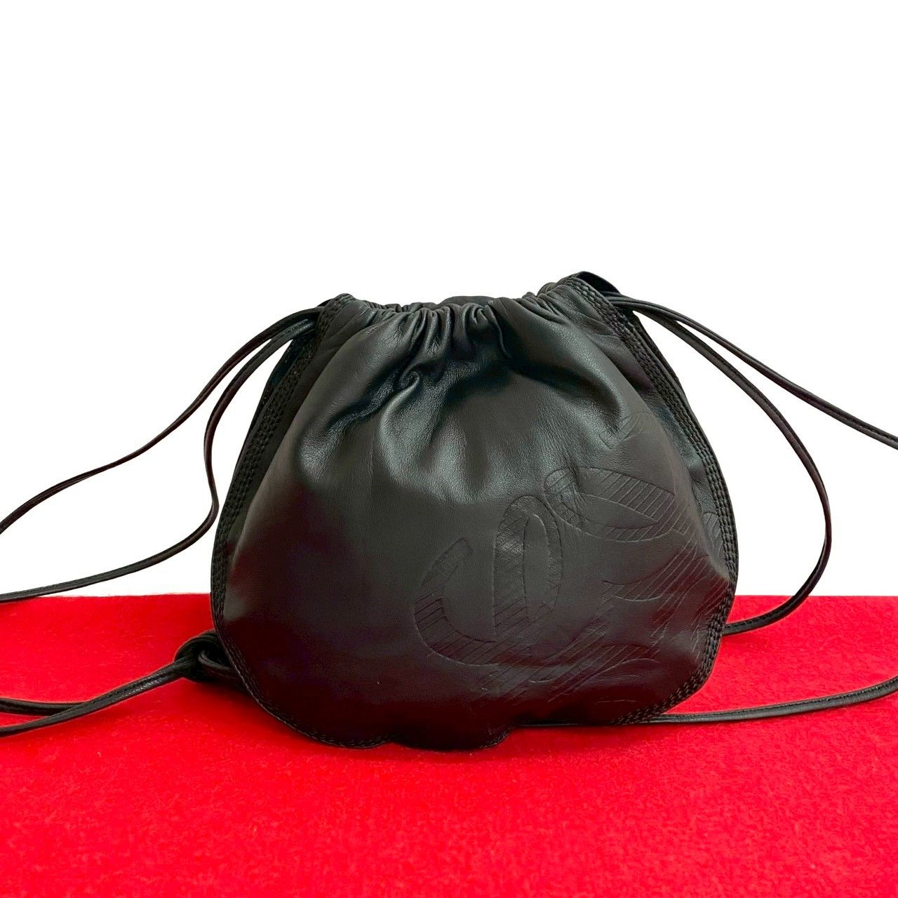 LOEWE ロエベ ヴィンテージ アナグラム ロゴ ナッパ レザー 本革 巾着 ミニ ショルダーバッグ ポシェット ブラック 黒 56587
